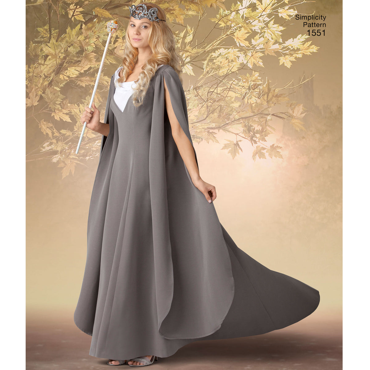Simplicity 1551 pattern envelope showing a white gown with sheer sleeves and a grey gown with cape