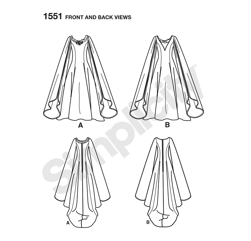 Simplicity 1551 pattern envelope showing a white gown with sheer sleeves and a grey gown with cape