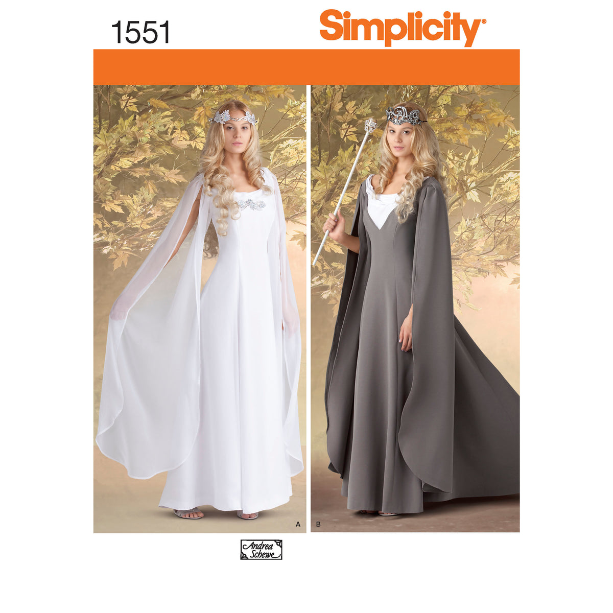 Simplicity 1551 pattern envelope showing a white gown with sheer sleeves and a grey gown with cape