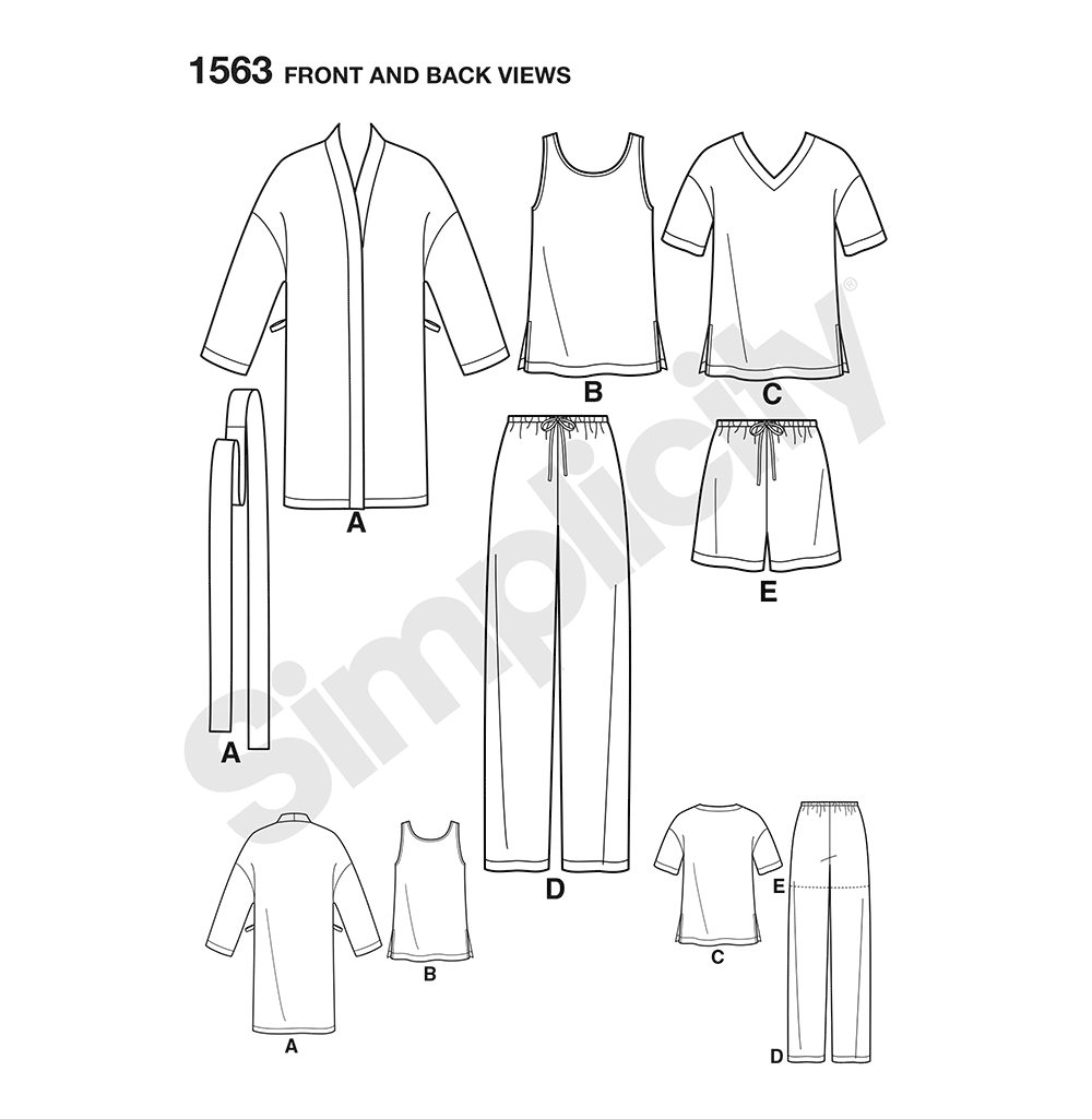 Simplicity S1563 sewing pattern envelope showing unisex sleepwear