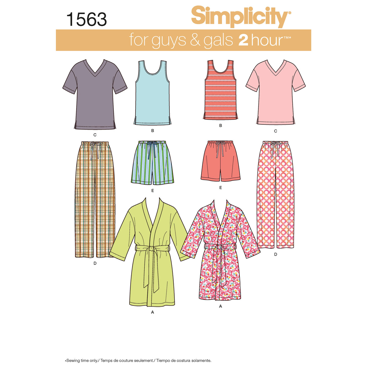 Simplicity S1563 sewing pattern envelope showing unisex sleepwear