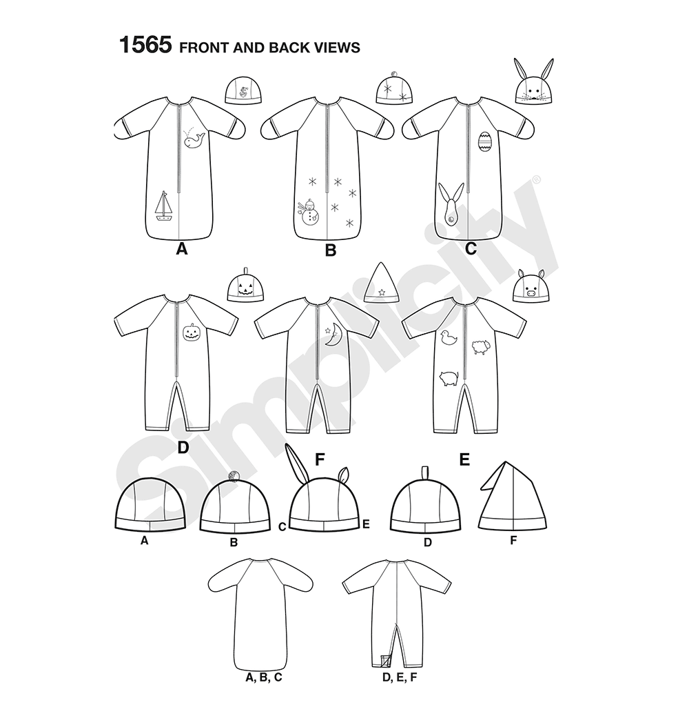 Simplicity S1565 sewing pattern envelope showing baby bunting, romper and hats