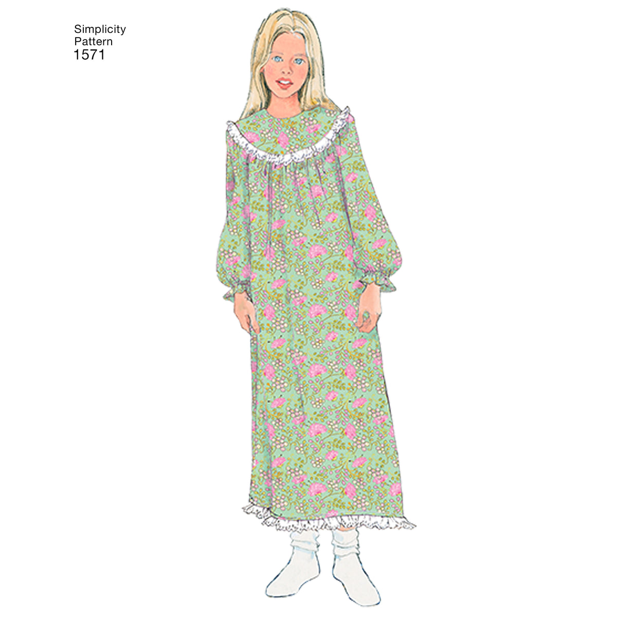 Simplicity S1571 sewing pattern envelope showing children's nightdress and robe