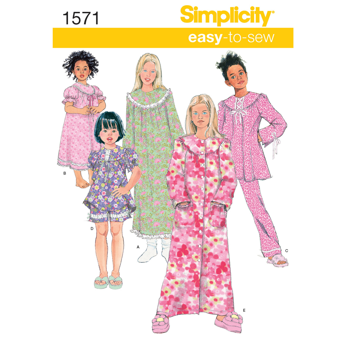 Simplicity S1571 sewing pattern envelope showing children's nightdress and robe