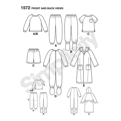 Simplicity S1572 sewing pattern envelope showing toddler and child sleepwear