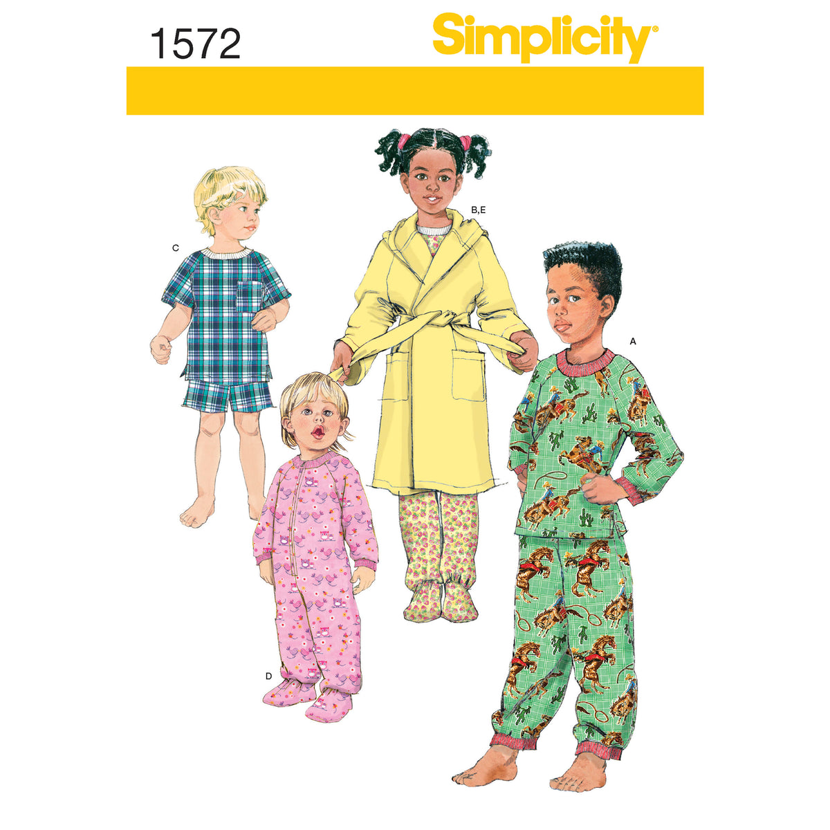 Simplicity S1572 sewing pattern envelope showing toddler and child sleepwear