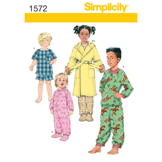 Simplicity S1572 sewing pattern envelope showing toddler and child sleepwear