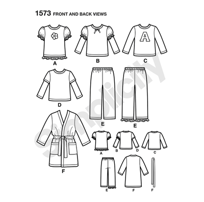 Simplicity S1573 sewing pattern envelope showing toddler sleepwear