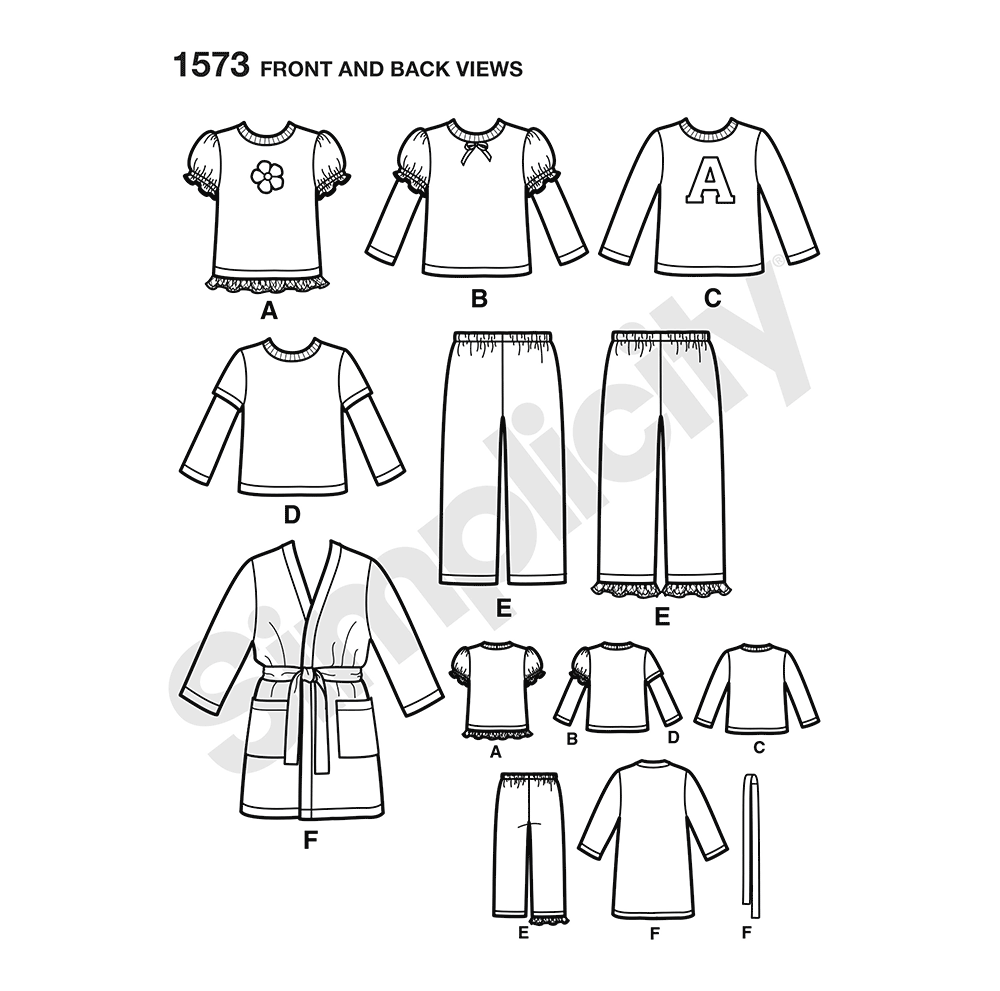 Simplicity S1573 sewing pattern envelope showing toddler and child sleepwear