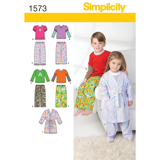 Simplicity S1573 sewing pattern envelope showing toddler and child sleepwear