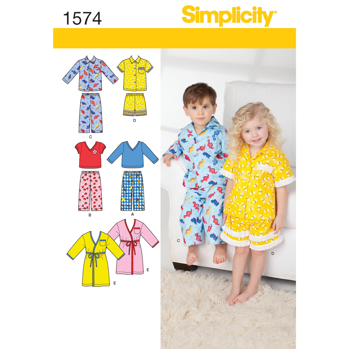 Simplicity S1574 sewing pattern envelope showing toddler sleepwear