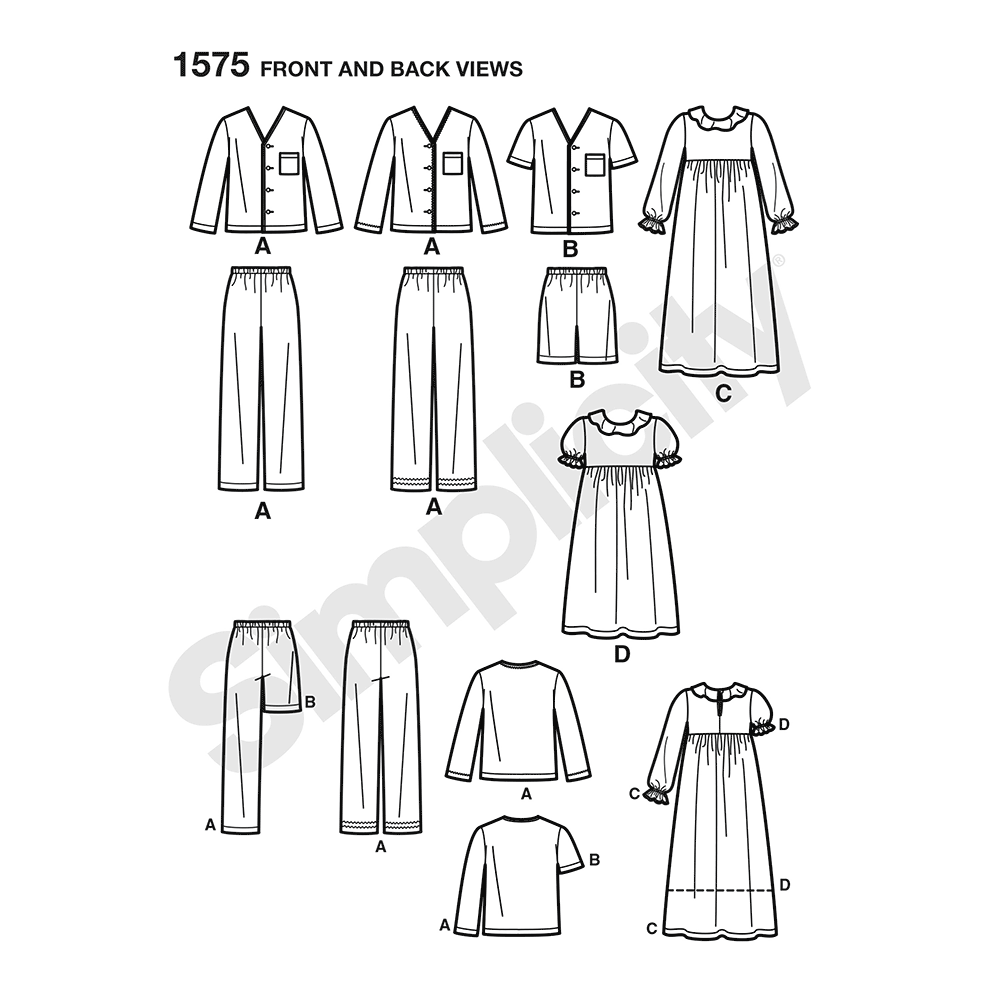 Simplicity S1575 sewing pattern envelope showing children's sleepwear