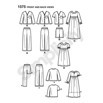Simplicity S1575 sewing pattern envelope showing children's sleepwear
