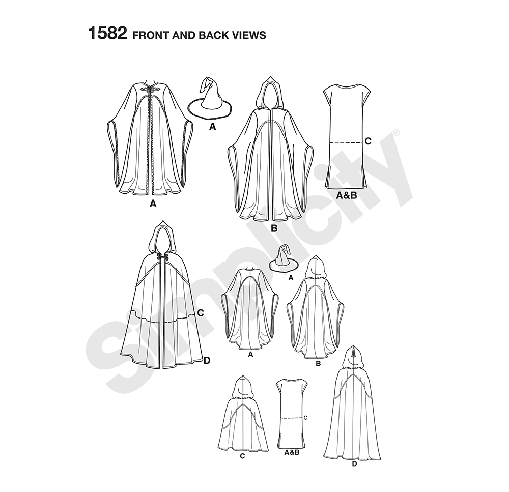 Simplicity S1582 sewing pattern envelope showing hooded cape costume