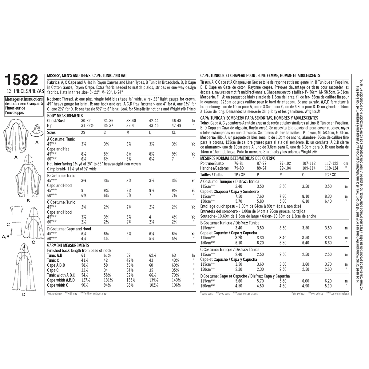 Simplicity S1582 sewing pattern envelope showing hooded cape costume