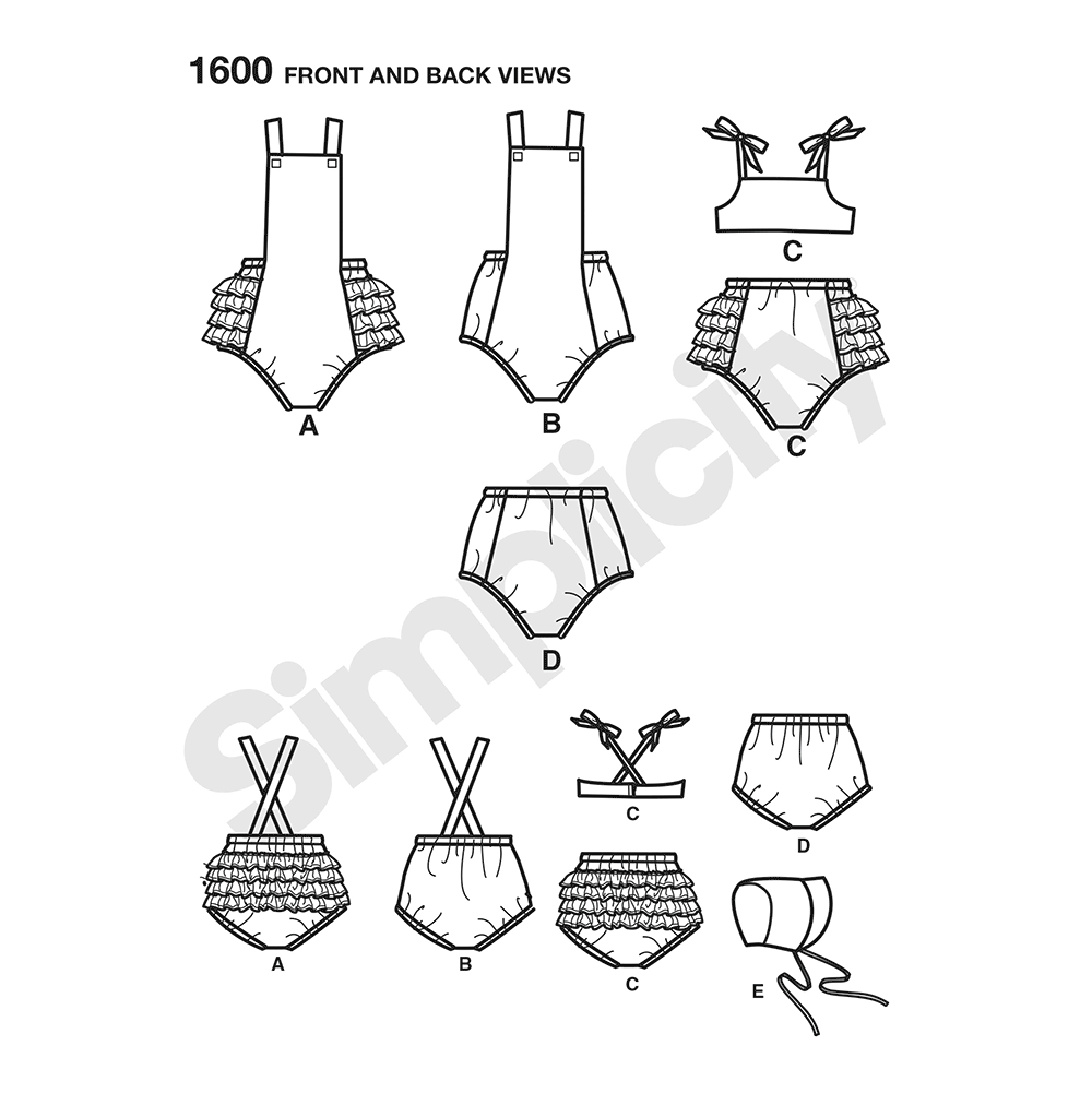 Simplicity S1600 sewing pattern envelope showing vintage baby romper and bonnet