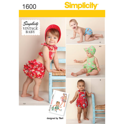 Simplicity S1600 sewing pattern envelope showing vintage baby romper and bonnet