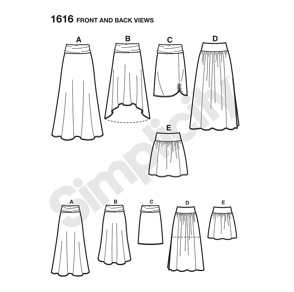 Simplicity S1616 sewing pattern envelope showing women's yoked skirts