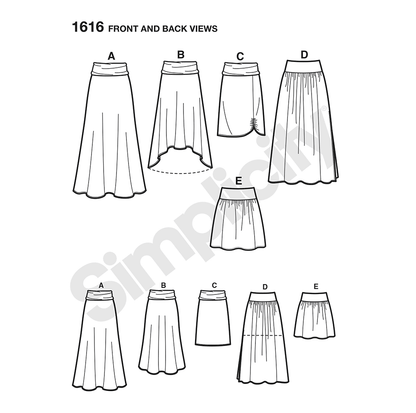 Simplicity S1616 sewing pattern envelope showing women's yoked skirts