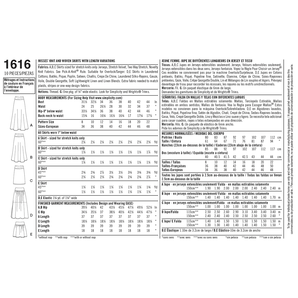 Simplicity S1616 sewing pattern envelope showing women's yoked skirts