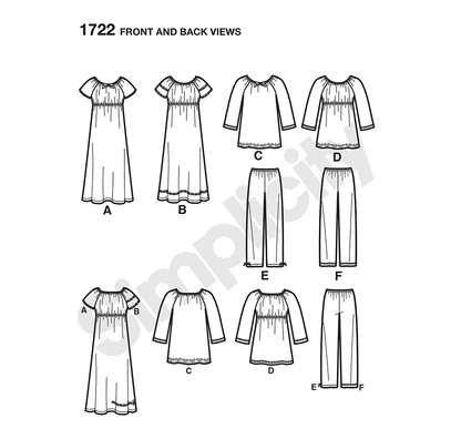 Simplicity S1722 sewing pattern envelope showing children's sleepwear