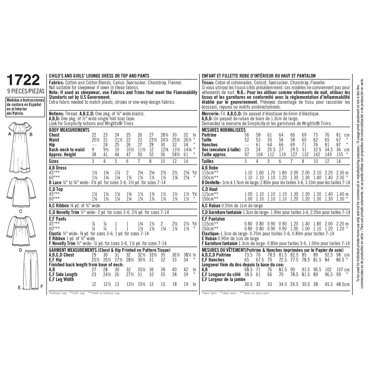 Simplicity S1722 sewing pattern envelope showing children's sleepwear