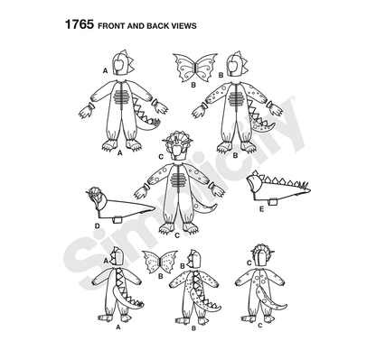 Simplicity S1765 sewing pattern envelope showing dinosaur and dragon costumes