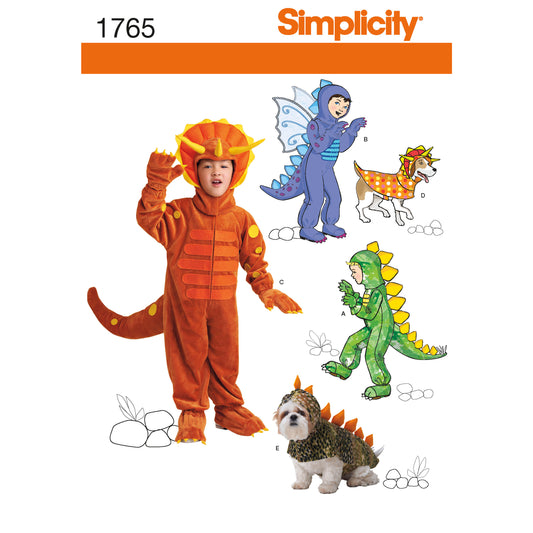 Simplicity S1765 sewing pattern envelope showing dinosaur and dragon costumes