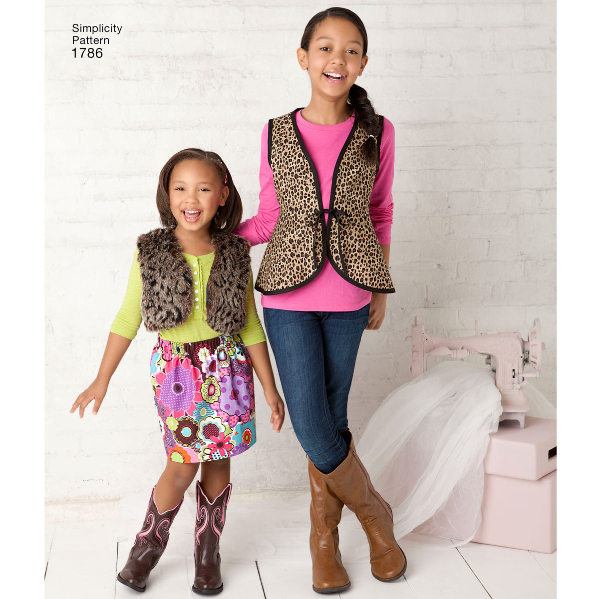 Simplicity S1786 sewing pattern envelope showing children's waistcoats and skirt