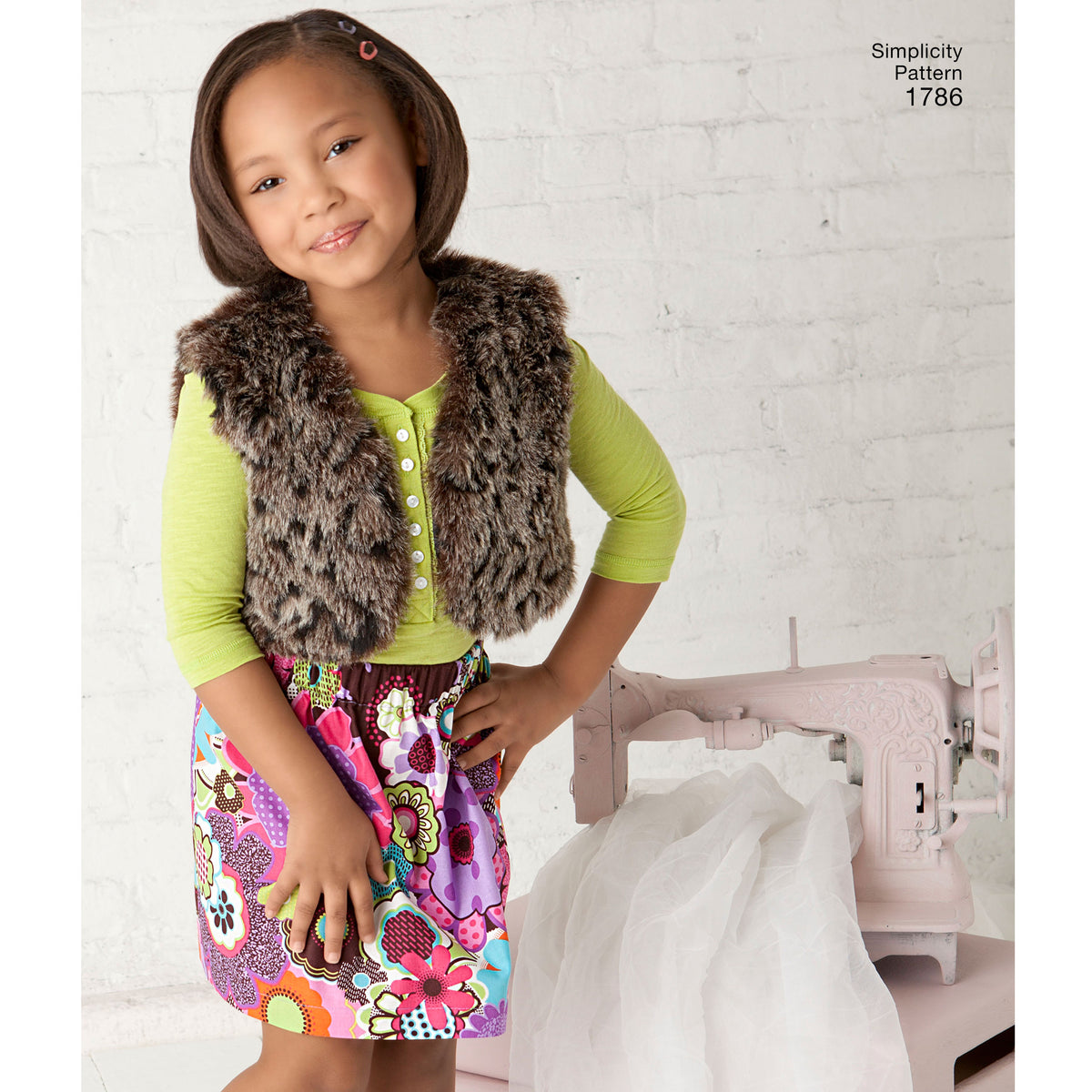 Simplicity S1786 sewing pattern envelope showing children's waistcoats and skirt