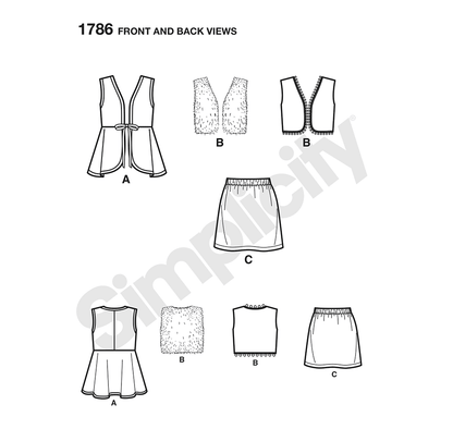 Simplicity S1786 sewing pattern envelope showing children's waistcoats and skirt