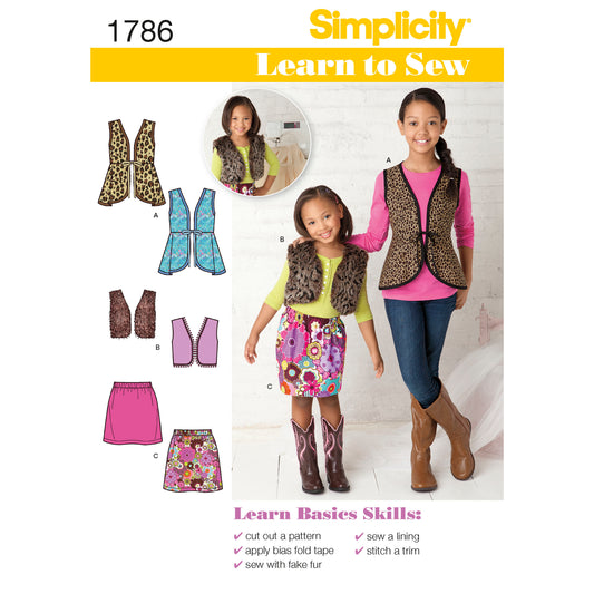 Simplicity S1786 sewing pattern envelope showing children's waistcoats and skirt