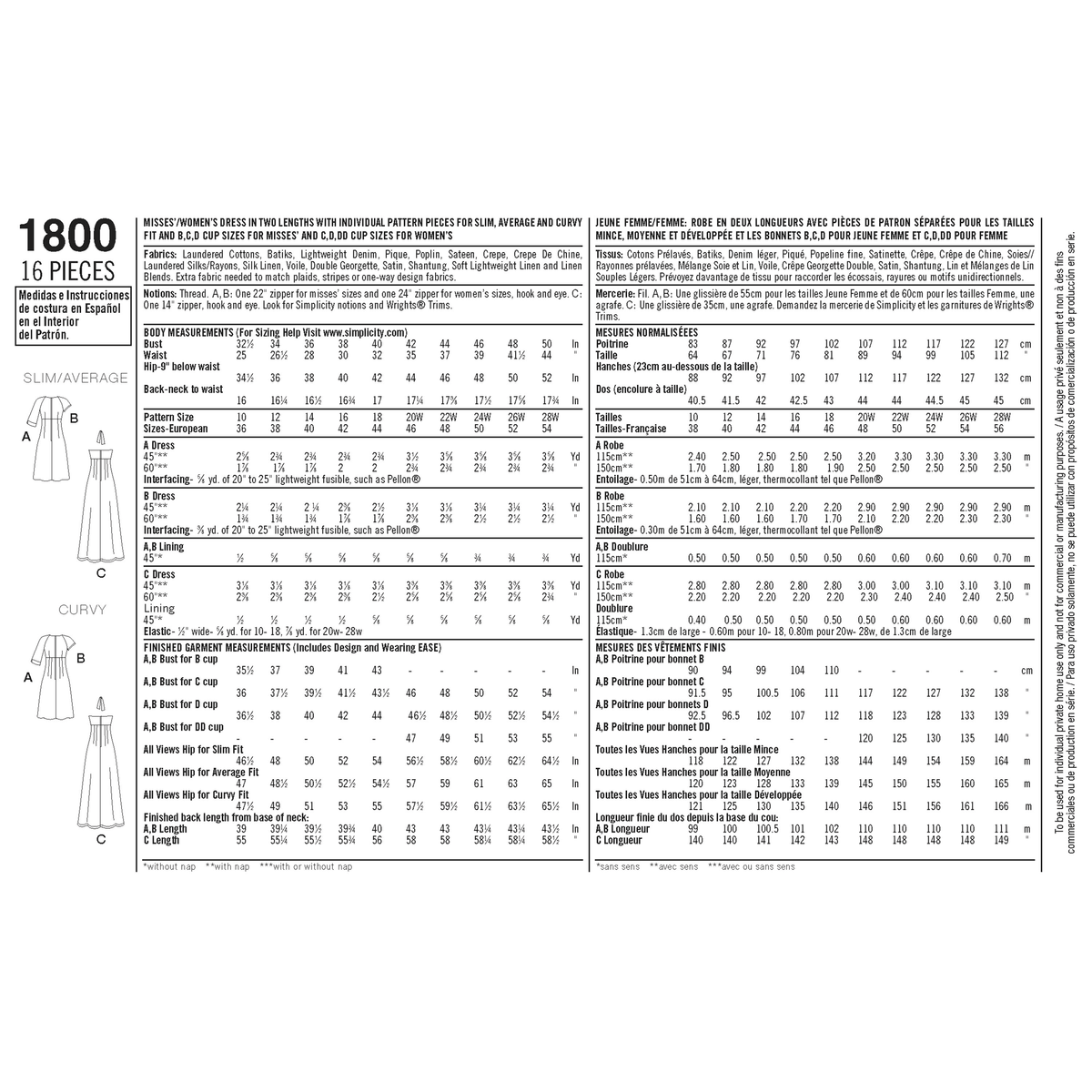 Simplicity S1800 sewing pattern envelope showing women's dress