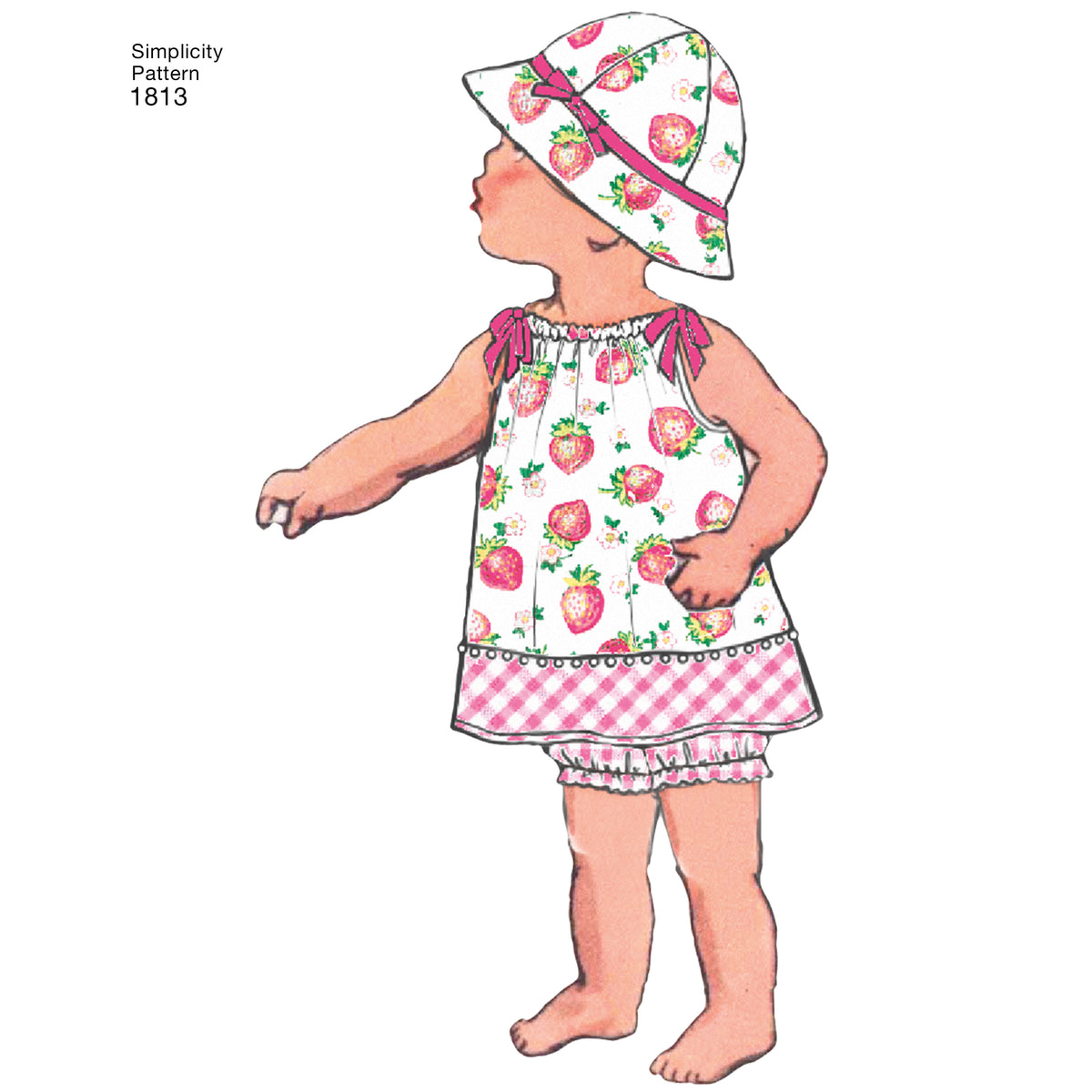 Simplicity S1813 sewing pattern envelope showing vintage baby romper and dress