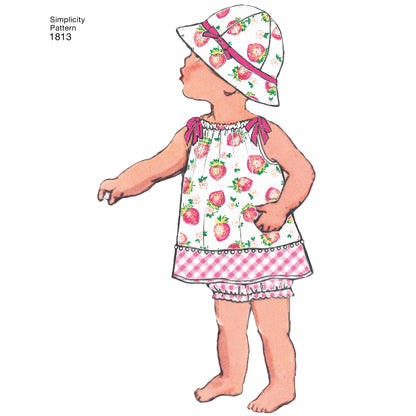 Simplicity S1813 sewing pattern envelope showing vintage baby romper and dress