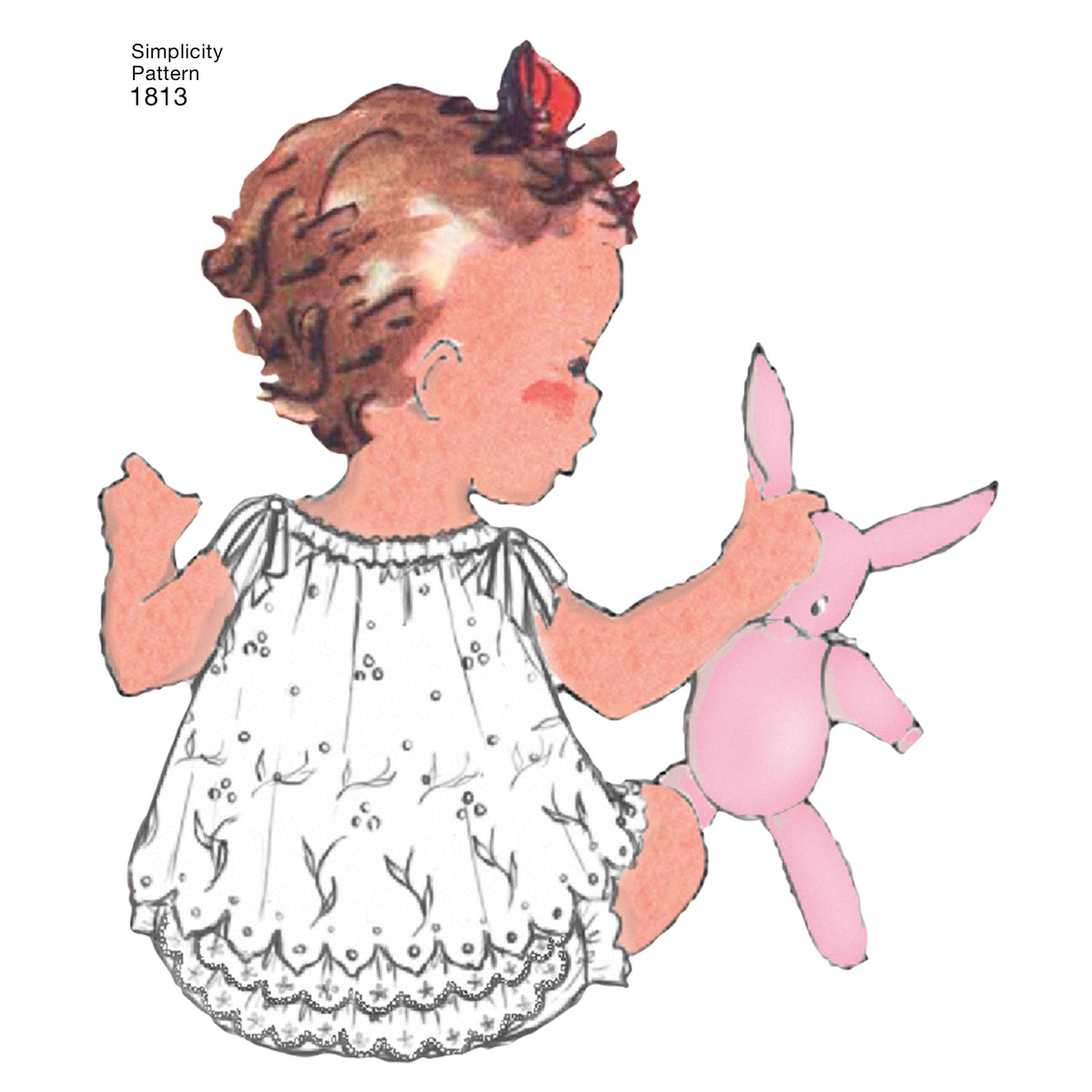 Simplicity S1813 sewing pattern envelope showing vintage baby romper and dress