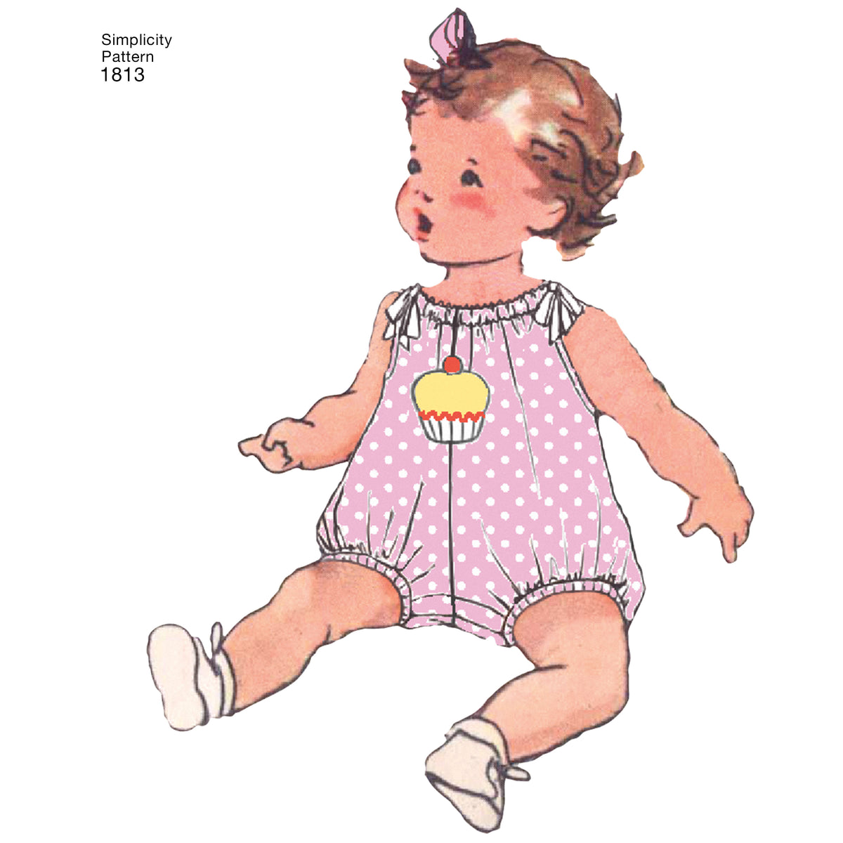 Simplicity S1813 sewing pattern envelope showing vintage baby romper and dress