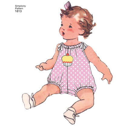 Simplicity S1813 sewing pattern envelope showing vintage baby romper and dress