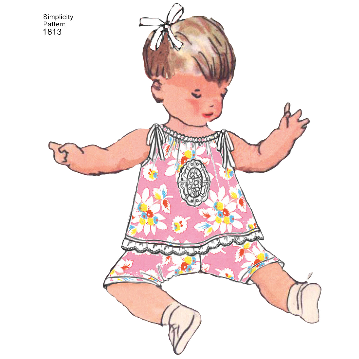 Simplicity S1813 sewing pattern envelope showing vintage baby romper and dress