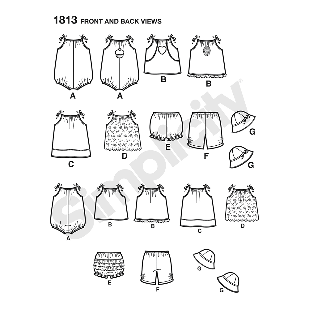 Simplicity S1813 sewing pattern envelope showing vintage baby romper and dress