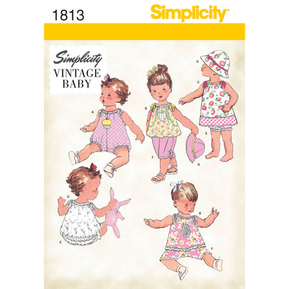 Simplicity S1813 sewing pattern envelope showing vintage baby romper and dress