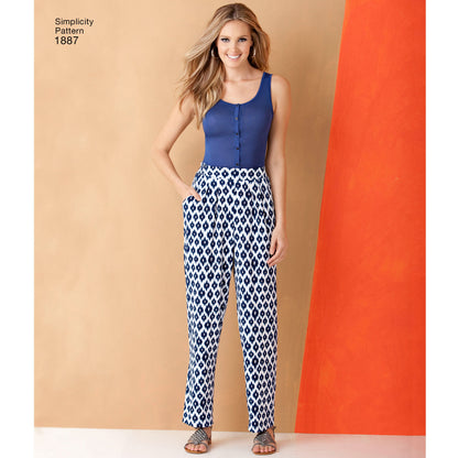 Simplicity S1887 sewing pattern envelope showing women's trousers, shorts and skirt
