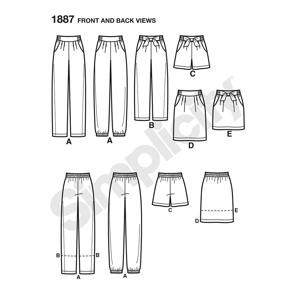 Simplicity S1887 sewing pattern envelope showing women's trousers, shorts and skirt
