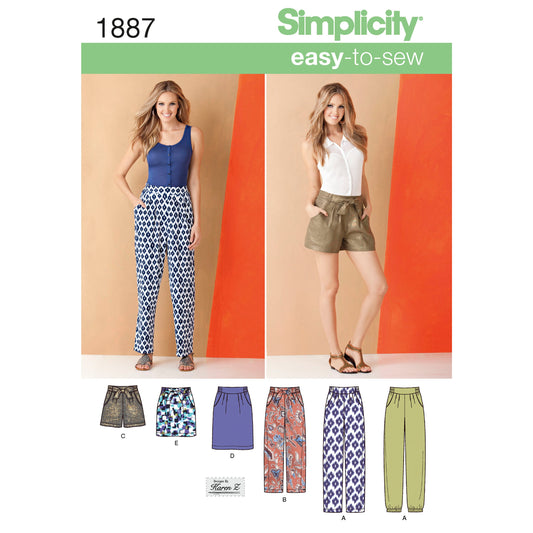Simplicity S1887 sewing pattern envelope showing women's trousers, shorts and skirt