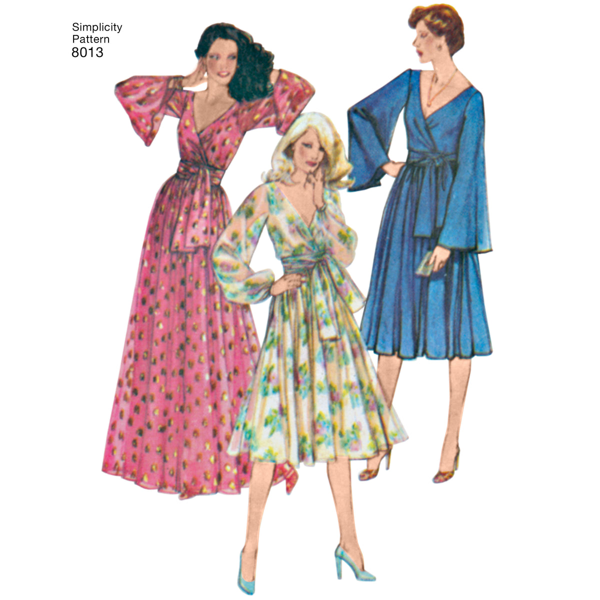 Simplicity S8013 sewing pattern envelope showing 1970s faux wrap dress