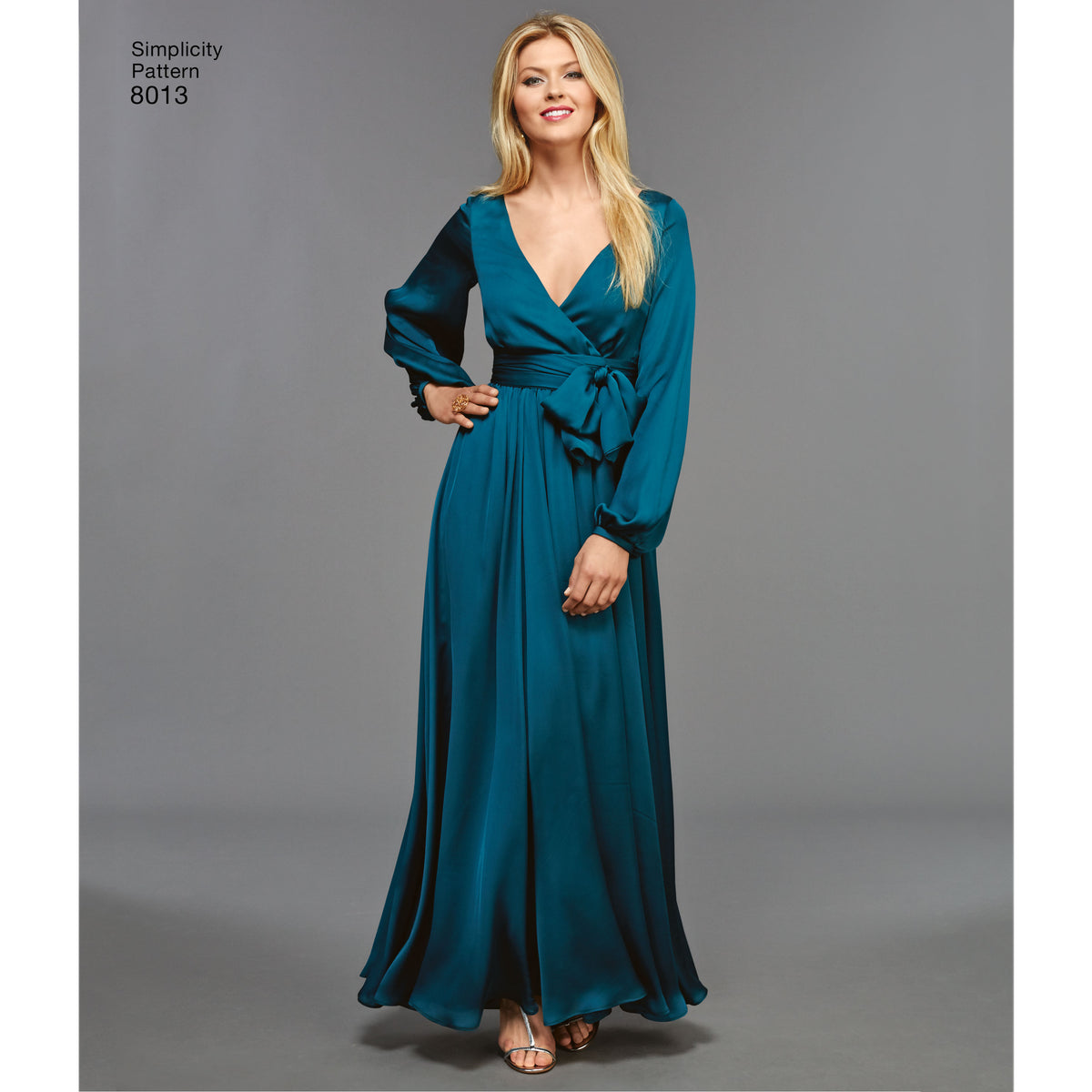 Simplicity S8013 sewing pattern envelope showing 1970s faux wrap dress
