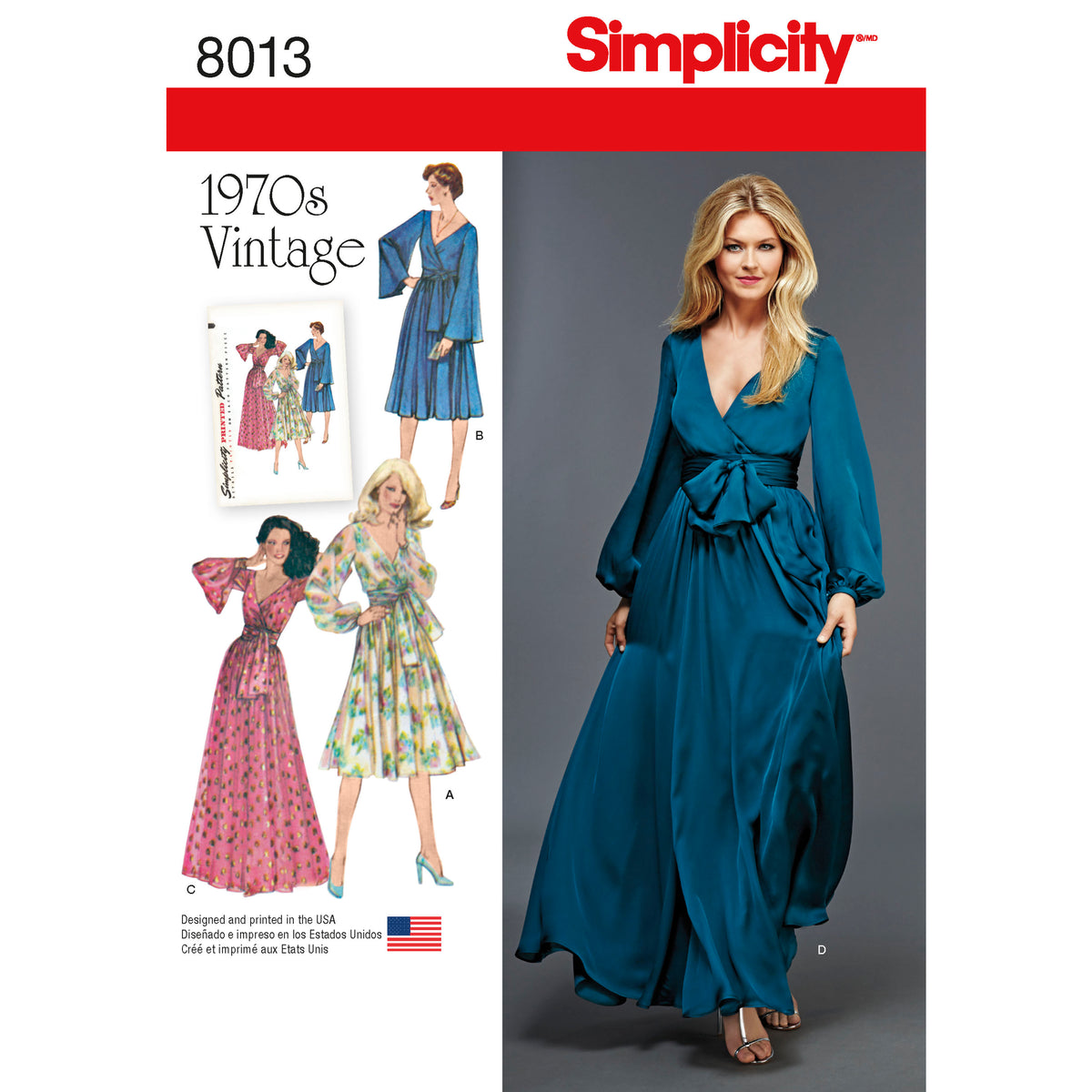 Simplicity S8013 sewing pattern envelope showing 1970s faux wrap dress