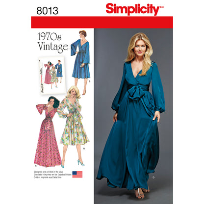 Simplicity S8013 sewing pattern envelope showing 1970s faux wrap dress