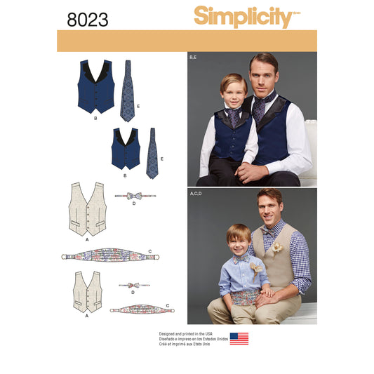 Simplicity S8023 sewing pattern envelope showing men's waistcoat and bow tie