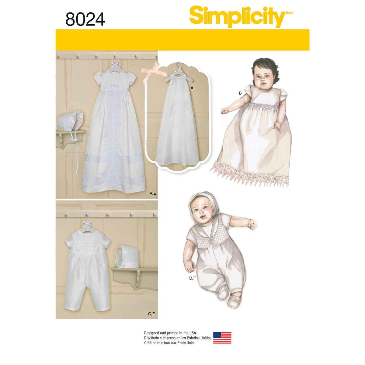 Simplicity S8024 sewing pattern envelope showing baby christening gown